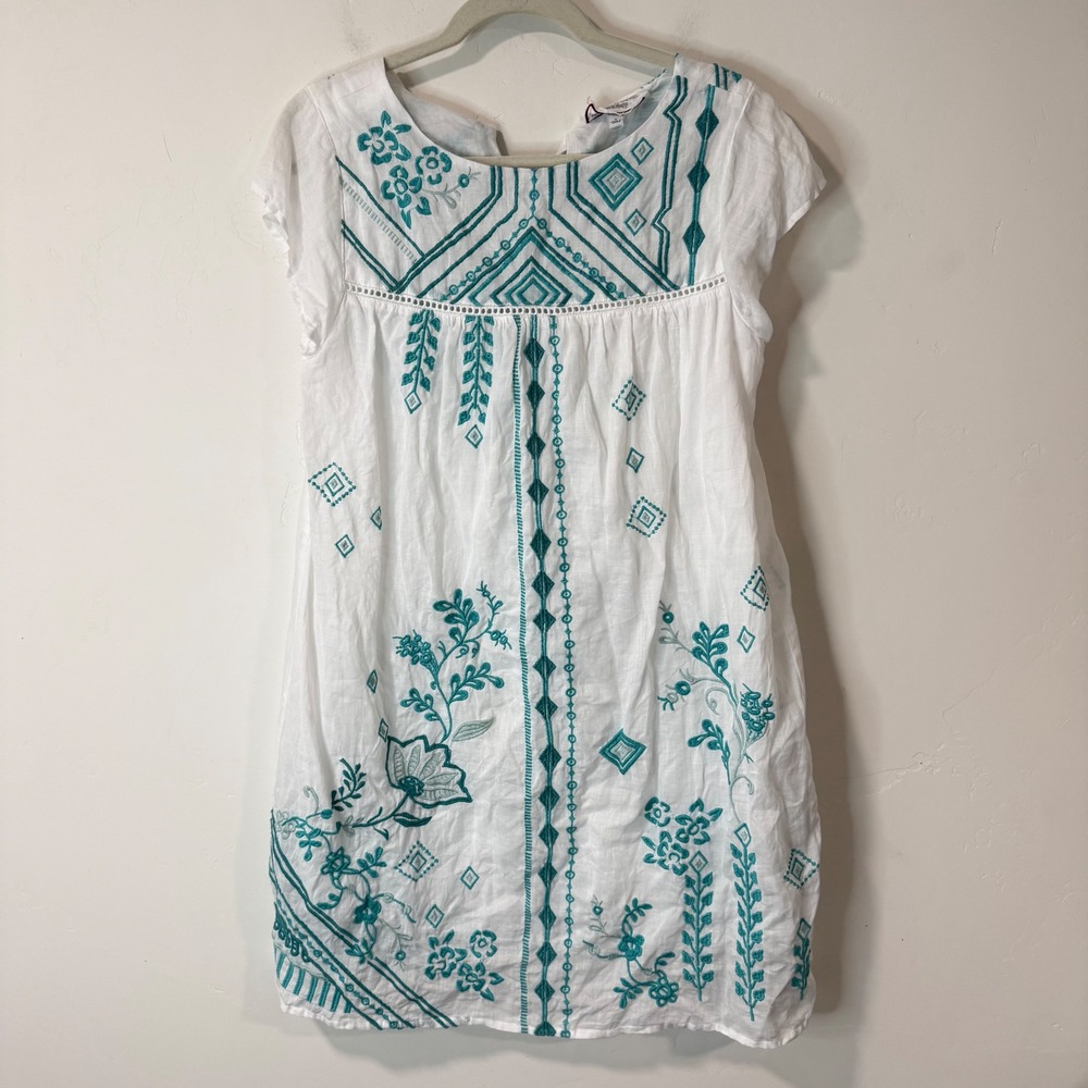 Johnny Was Womens Dress S White Excellent Embroidered Ramie Boho Mini W37323-2